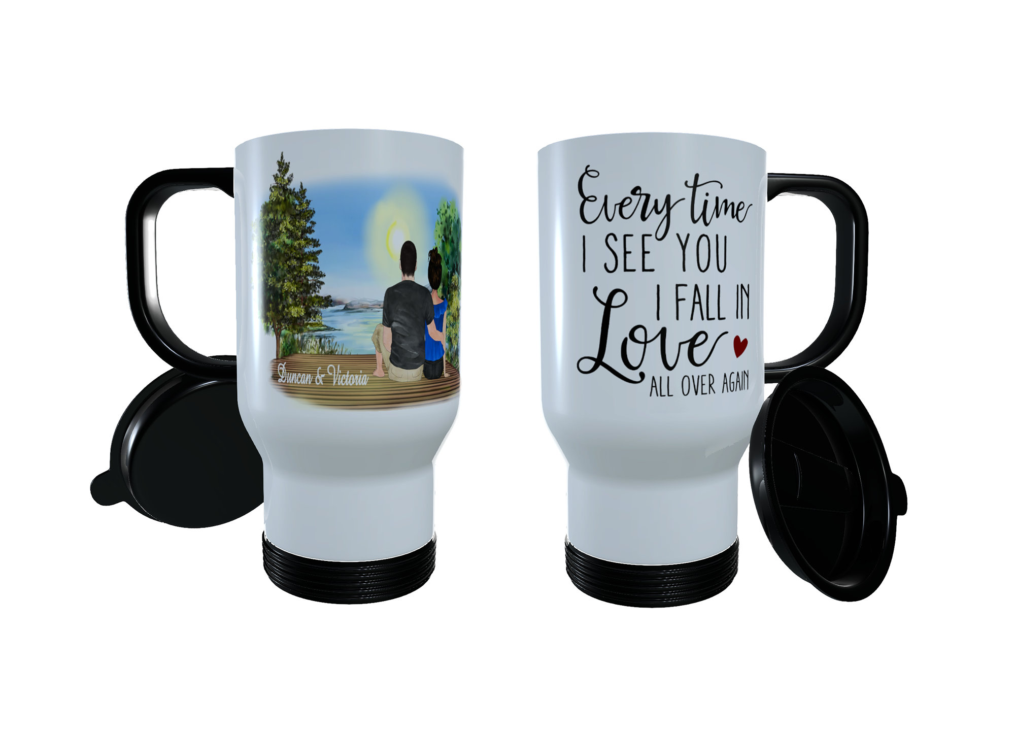 Romantic Couple Lakeside Sunrise Travel Mug, Custom Couples